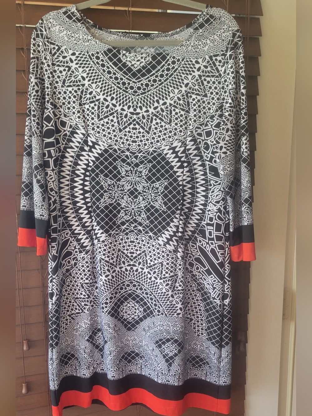 Max Studio Black and White Geometric Midi Dress with Red And Black Trim